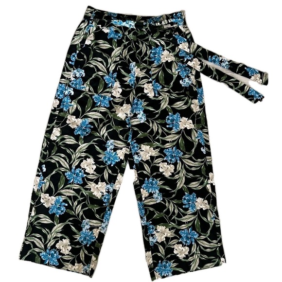 Kensie Pants - Kensie Floral Linen Blend Tie‎ Front Crop Pants Women M Blue Blk Floral Tropical